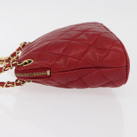 CHANEL Matelasse Chain Shoulder Bag Lamb Skin Red Gold CC Auth 176873