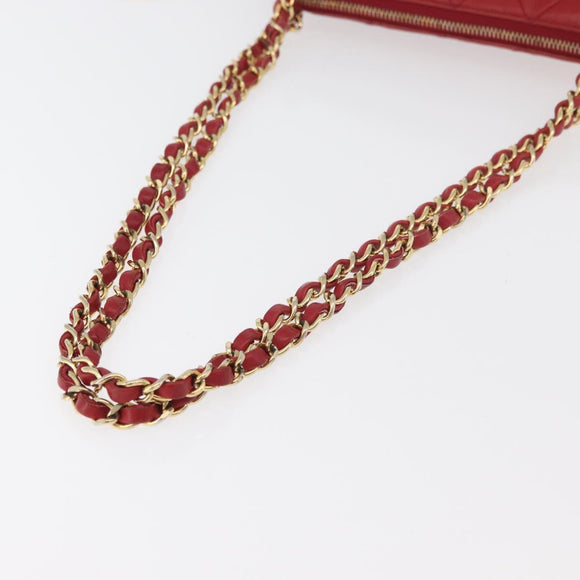 CHANEL Matelasse Chain Shoulder Bag Lamb Skin Red Gold CC Auth 176873