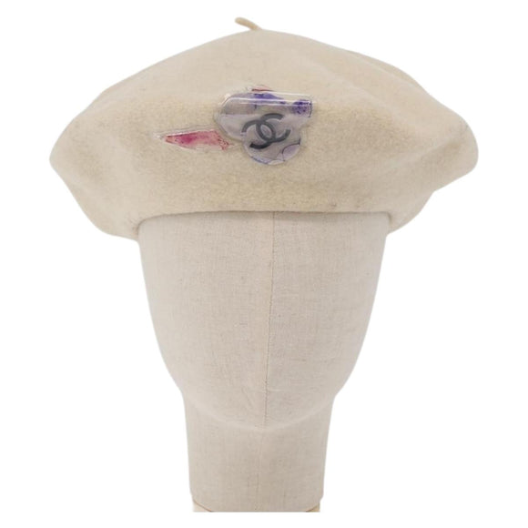 CHANEL Hat Wool Ivory CC Auth 176876A