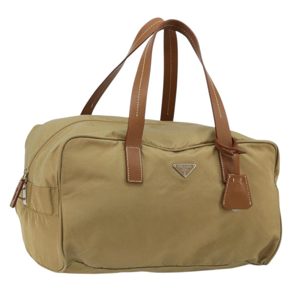 PRADA Boston Bag Nylon Silver Beige Auth 176900