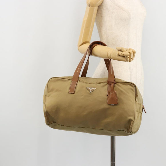 PRADA Boston Bag Nylon Silver Beige Auth 176900