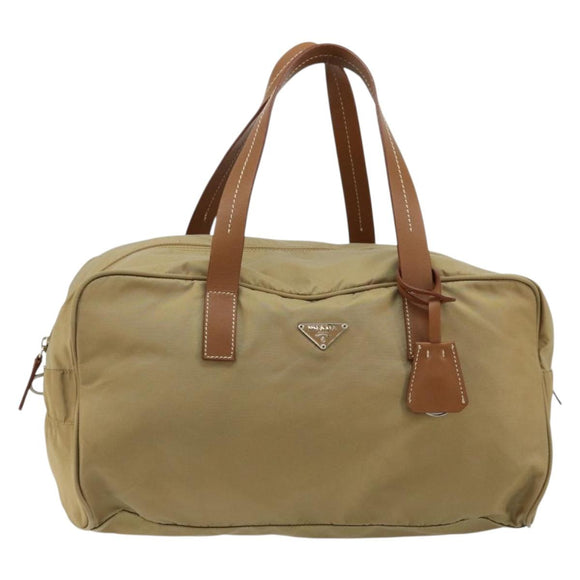 PRADA Boston Bag Nylon Silver Beige Auth 176900