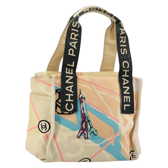 CHANEL Cruise Line Hand Bag Canvas Beige Silver CC Auth 176918