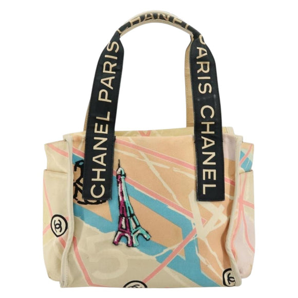 CHANEL Cruise Line Handtasche Canvas Beige Silber CC Auth 176918