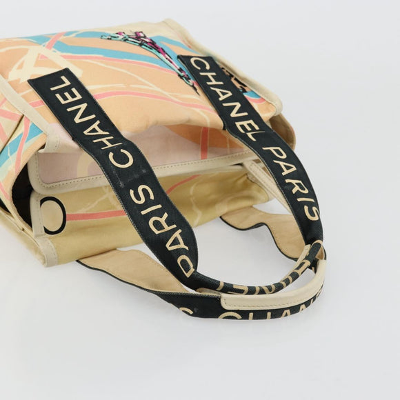 CHANEL Cruise Line Hand Bag Canvas Beige Silver CC Auth 176918