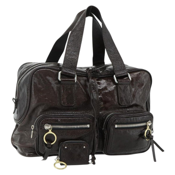 Chloe Betty Hand Bag Patent leather Brown Gold Silver Auth 176978A