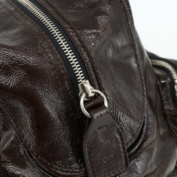 Chloe Betty Hand Bag Patent leather Brown Gold Silver Auth 176978A