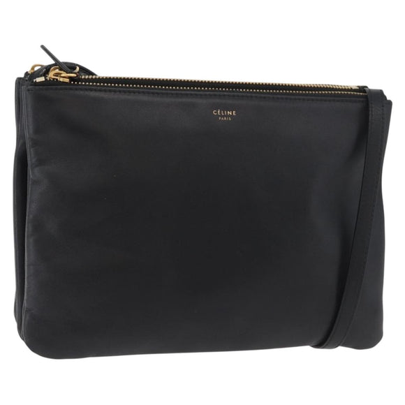 CELINE Trio Shoulder Bag Leather Black Gold Auth 176992A