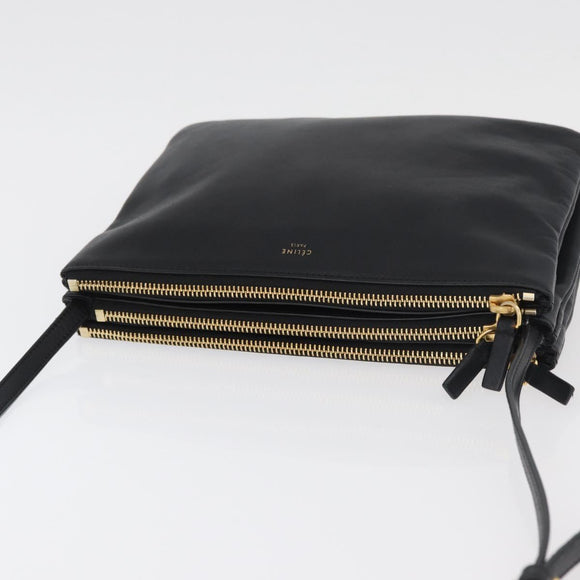 CELINE Trio Shoulder Bag Leather Black Gold Auth 176992A