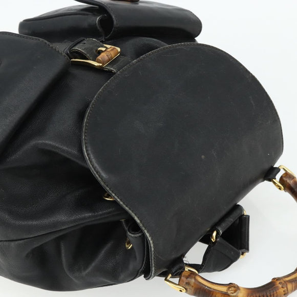 GUCCI Bamboo Backpack Leather Black Gold Auth 176996