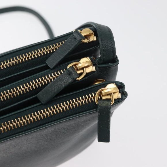 CELINE Trio Shoulder Bag Leather Green Gold Auth 177008A