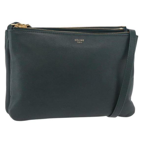 CELINE Trio Shoulder Bag Leather Green Gold Auth 177008A