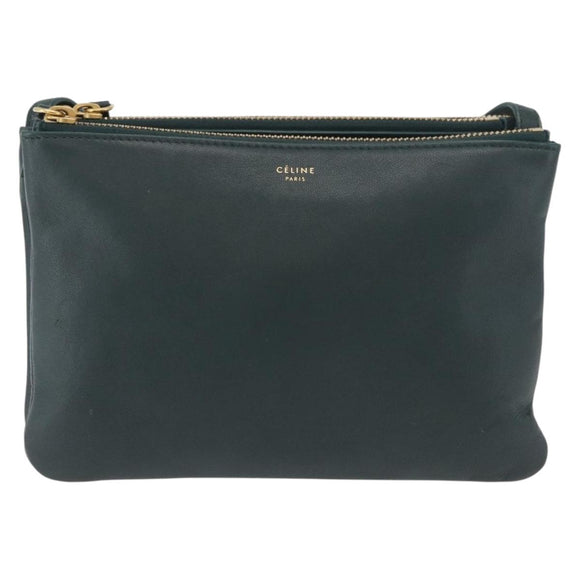 CELINE Trio Shoulder Bag Leather Green Gold Auth 177008A