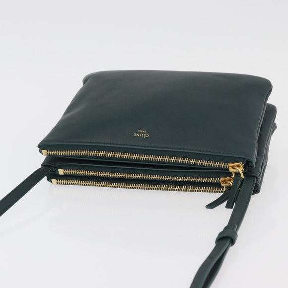 CELINE Trio Shoulder Bag Leather Green Gold Auth 177008A