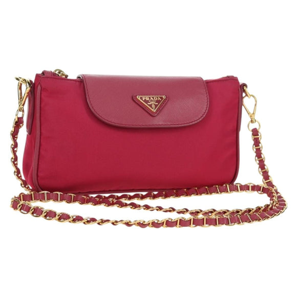 PRADA Schoudertas met Ketting Nylon Roze Goud Auth 177013V