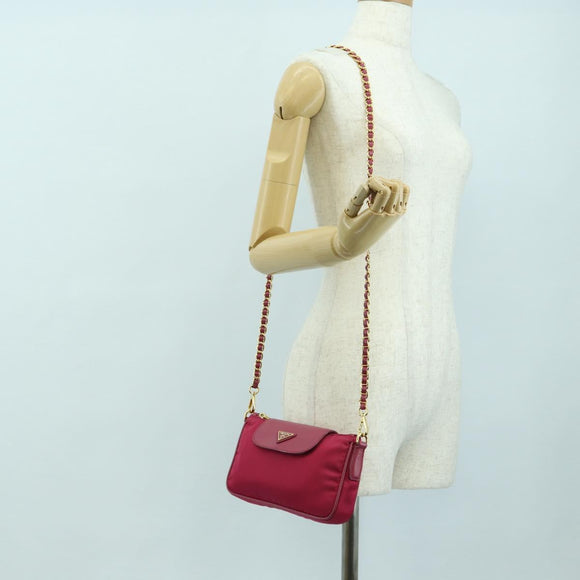 PRADA Schoudertas met Ketting Nylon Roze Goud Auth 177013V