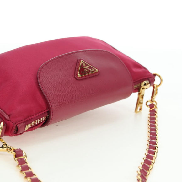 PRADA Schoudertas met Ketting Nylon Roze Goud Auth 177013V