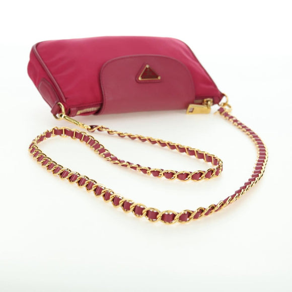 PRADA Schoudertas met Ketting Nylon Roze Goud Auth 177013V