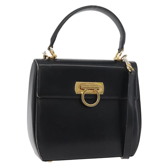 Salvatore Ferragamo Gancini Hand Bag Leather 2way Black Gold Auth 177018