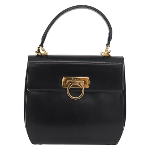 Salvatore Ferragamo Gancini Hand Bag Leather 2way Black Gold Auth 177018