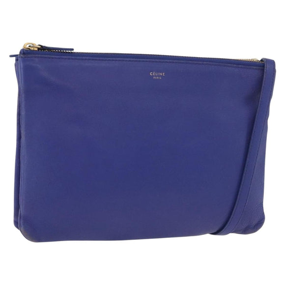 CELINE Trio Shoulder Bag Leather Blue Gold Auth 177022