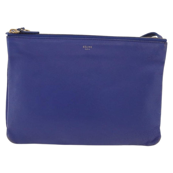 CELINE Trio Shoulder Bag Leather Blue Gold Auth 177022