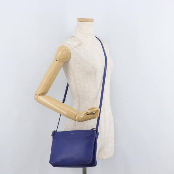 CELINE Trio Shoulder Bag Leather Blue Gold Auth 177022