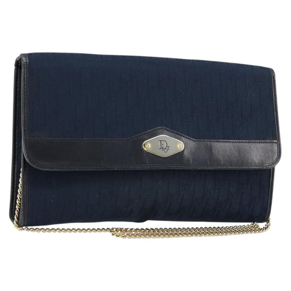 Christian Dior Trotter Canvas Chain Shoulder Bag Navy Gold Auth 177035