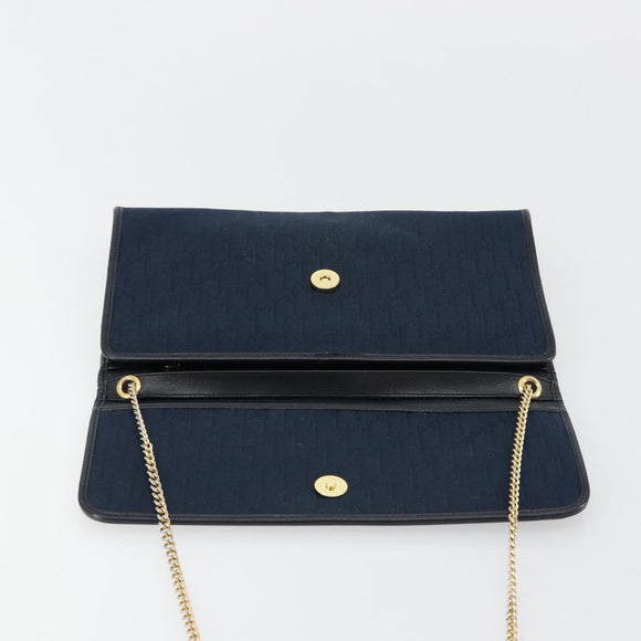 Christian Dior Trotter Canvas Chain Shoulder Bag Navy Gold Auth 177035