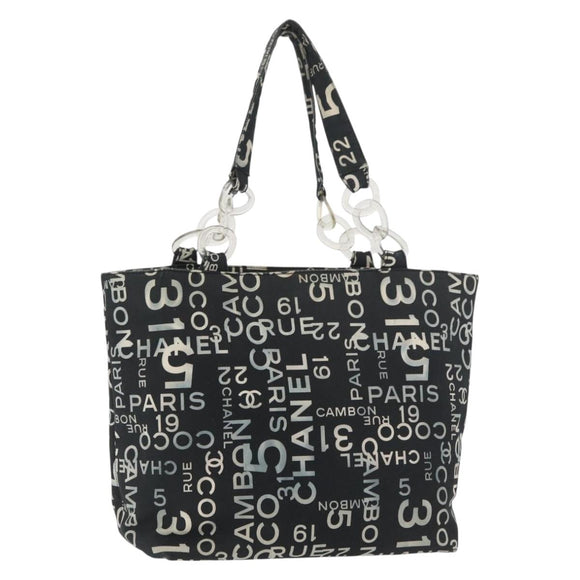 CHANEL By Sea Line Tote Bag Canvas Black Silver CC Auth 177036