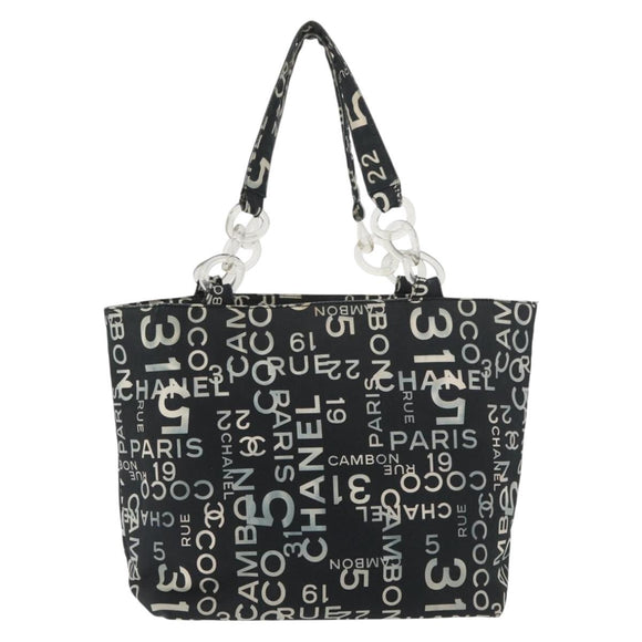 CHANEL By Sea Line Tote Bag Canvas Black Silver CC Auth 177036