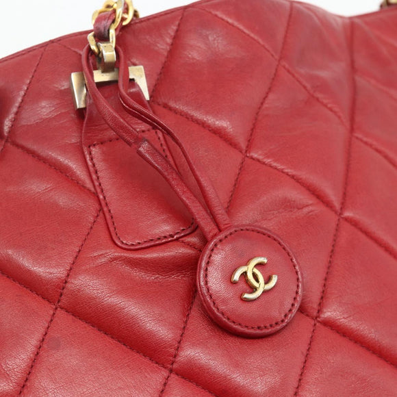 CHANEL Matelasse Ketting Schoudertas Lamsleer Rood Goud CC Auth 177037