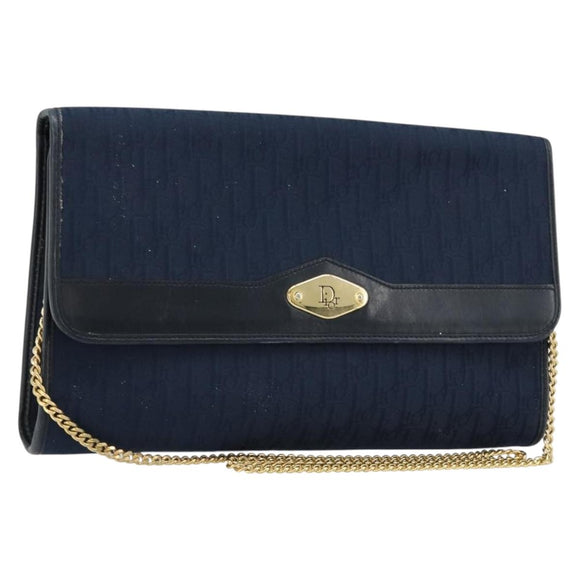 Christian Dior Trotter Canvas Chain Shoulder Bag Navy Gold Auth 177047