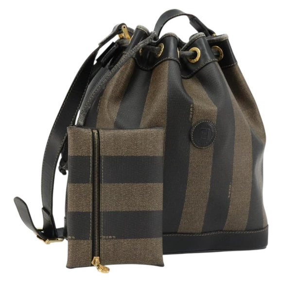 FENDI Pecan Canvas Shoulder Bag PVC Brown Black Auth 177061