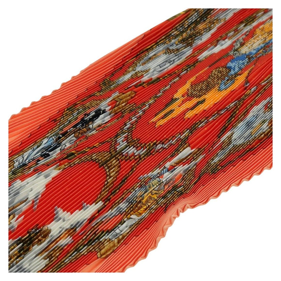 HERMES Pleated Carre 90 Scarf ""CAVALIERS DES NUAGES"" Silk Orange Auth 177074M