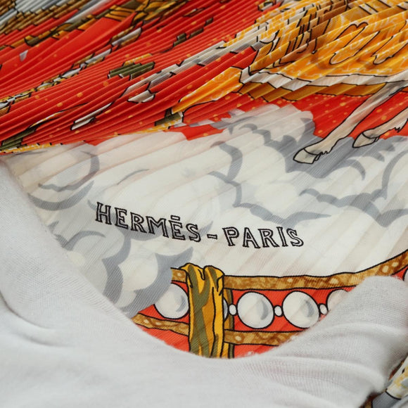 HERMES Pleated Carre 90 Scarf ""CAVALIERS DES NUAGES"" Silk Orange Auth 177074M