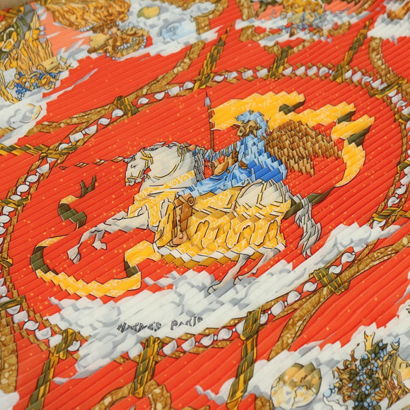 HERMES Pleated Carre 90 Scarf ""CAVALIERS DES NUAGES"" Silk Orange Auth 177074M