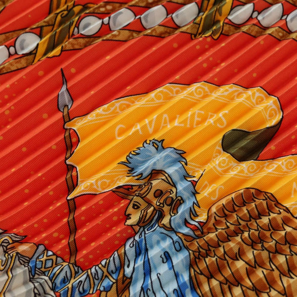 HERMES Pleated Carre 90 Scarf ""CAVALIERS DES NUAGES"" Silk Orange Auth 177074M