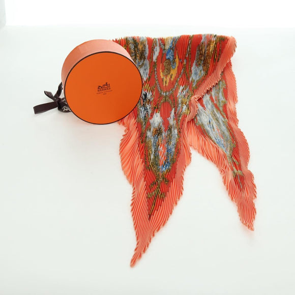 HERMES Pleated Carre 90 Scarf ""CAVALIERS DES NUAGES"" Silk Orange Auth 177074M