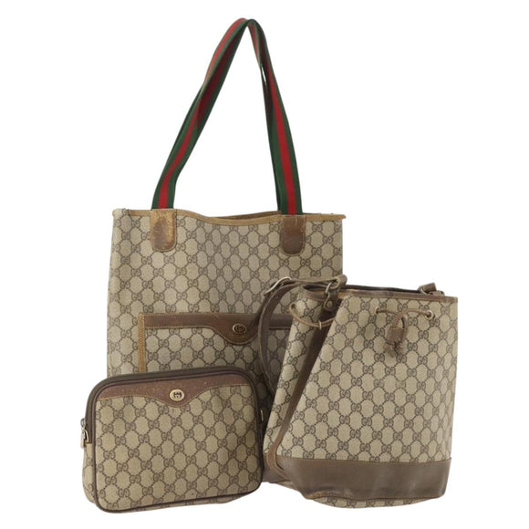 GUCCI GG Supreme Web Sherry Line Tote Bag PVC 3 Set Beige Auth 177075