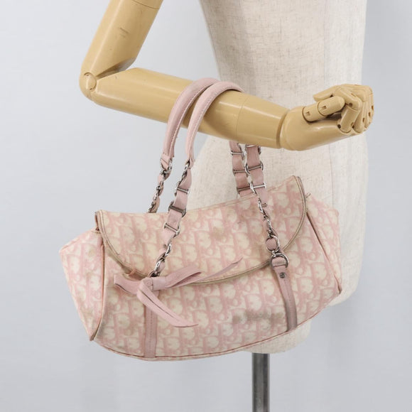 Christian Dior Trotter Canvas Chain Romantic Bag PVC Pink Silver Auth 177076