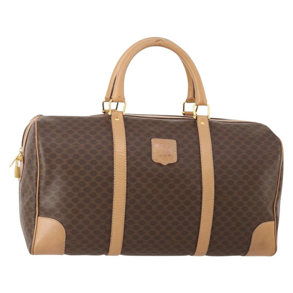 CELINE Macadam Canvas Boston Bag PVC Leather Brown Gold Auth 177117