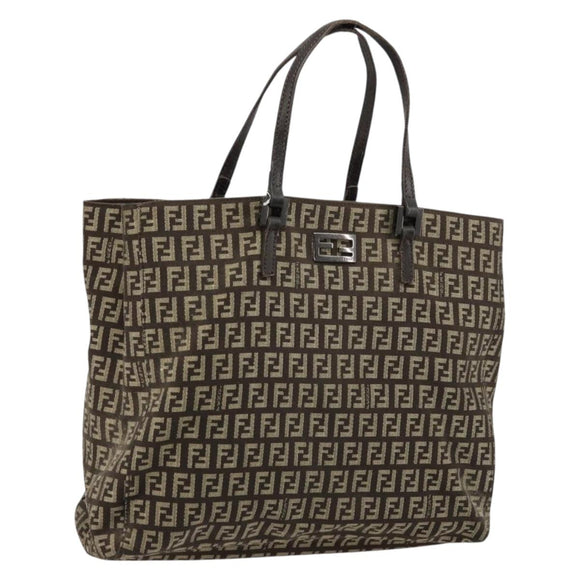 FENDI Zucchino Canvas Hand Bag Brown Silver Auth 177119