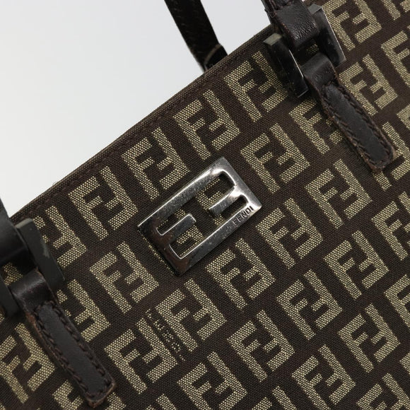 FENDI Zucchino Canvas Hand Bag Brown Silver Auth 177119