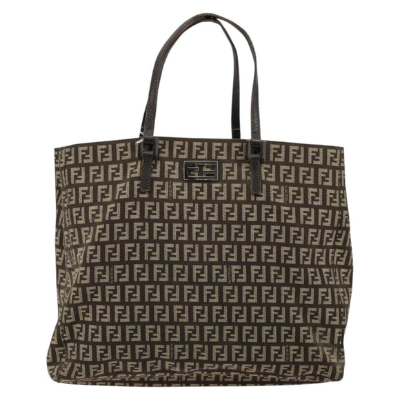 FENDI Zucchino Canvas Hand Bag Brown Silver Auth 177119