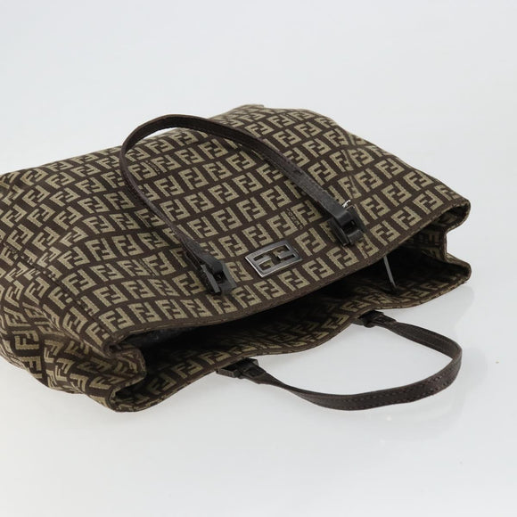 FENDI Zucchino Canvas Hand Bag Brown Silver Auth 177119