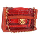 CHANEL Matelasse Chain Shoulder Bag Vinyl Red Gold CC Auth 177136A-1