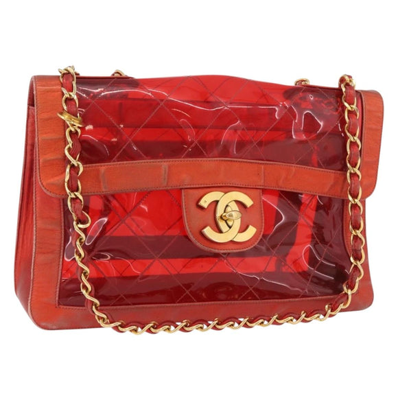 CHANEL Matelasse Chain Shoulder Bag Vinyl Red Gold CC Auth 177136A