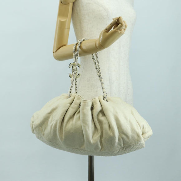 CHANEL Chain Melrose Cabas Shoulder Bag Canvas Beige Silver CC Auth 177138V