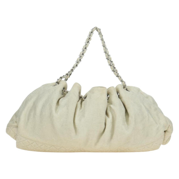 CHANEL Chain Melrose Cabas Shoulder Bag Canvas Beige Silver CC Auth 177138V